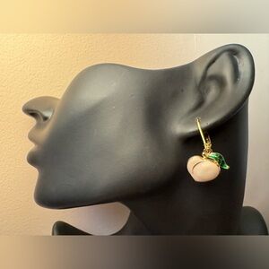 Peach and Leaf Charm on 24k Gold Plated Lever back Earring Hooks.